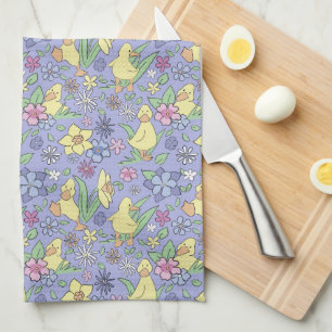 Gelbe Entlein Farbige Blumen Violetter Frühling Geschirrtuch