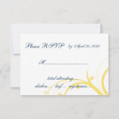 Gelbe erste, blaue Wirbel Hochzeitkarte für RSVP (Rückseite)