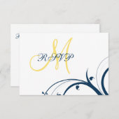 Gelbe erste, blaue Wirbel Hochzeitkarte für RSVP (Vorne/Hinten)