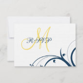 Gelbe erste, blaue Wirbel Hochzeitkarte für RSVP (Vorderseite)