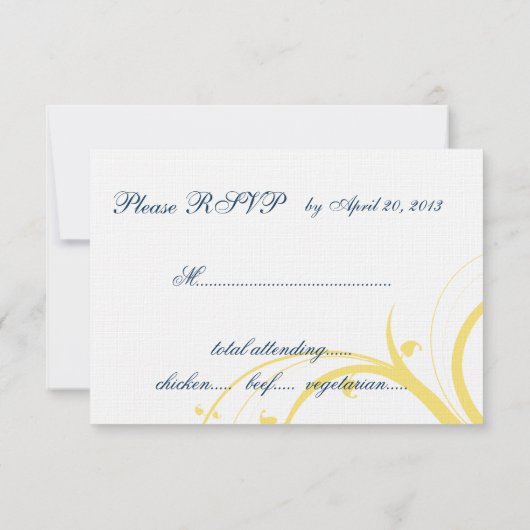 Gelbe erste, blaue Wirbel Hochzeitkarte für RSVP (Rückseite)
