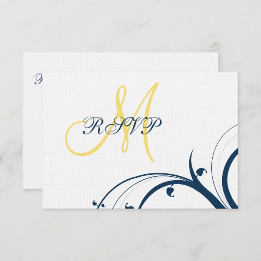 Gelbe erste, blaue Wirbel Hochzeitkarte für RSVP (Vorne/Hinten)