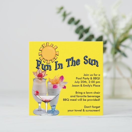 Gelbe Erwachsene Pool Party GRILLEN Einladungen (Stehend Vorderseite)