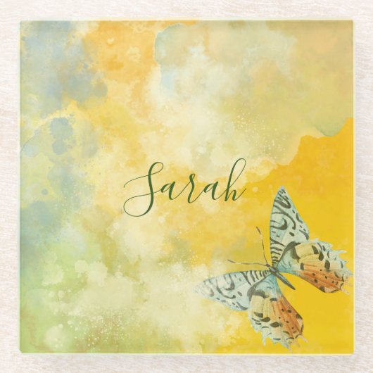 Gelbe Farbe Monogramm Name Gefärbte Krawatte Butte Glasuntersetzer (Vorderseite)