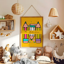 Gelbe Farbige Lehrerin Cartoon Bleistift-Poster Poster