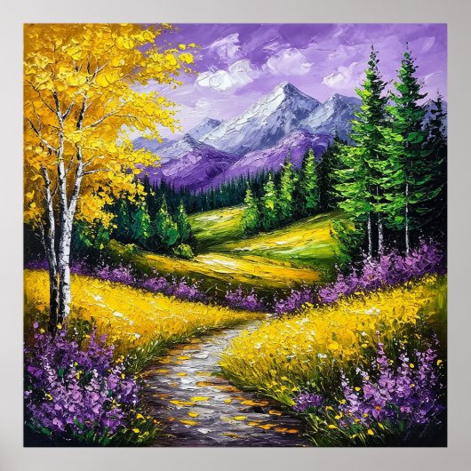 Gelbe Felder, Blume, schneebedeckte Berge Poster (Vorne)