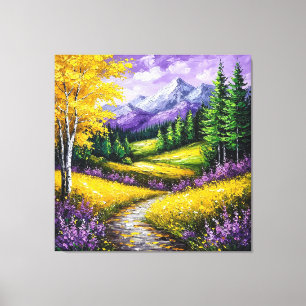 Gelbe Felder, Blumen, schneebedeckte Berge Leinwanddruck