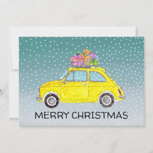 Gelbe Fiat 500 mit Weihnachtsgeschenken Weihnachts Feiertagskarte