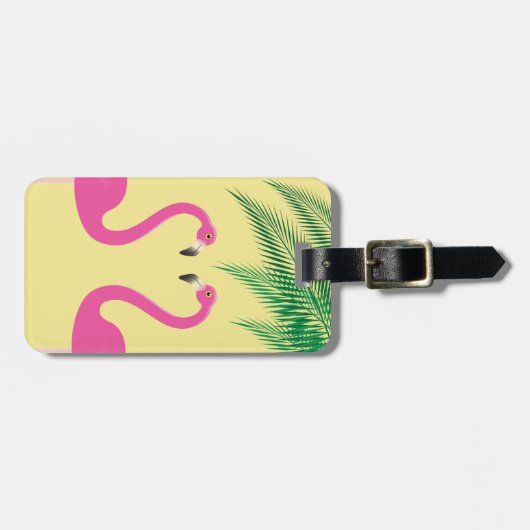 Gelbe Flamingos und Palm Blätter Gepäckmarke Gepäckanhänger (Vorderseite horizontal)