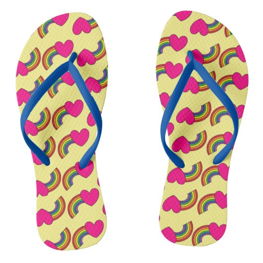 Gelbe Flip Flops mit rosa Herzen und Regenbogen Badesandalen (Fußbett)