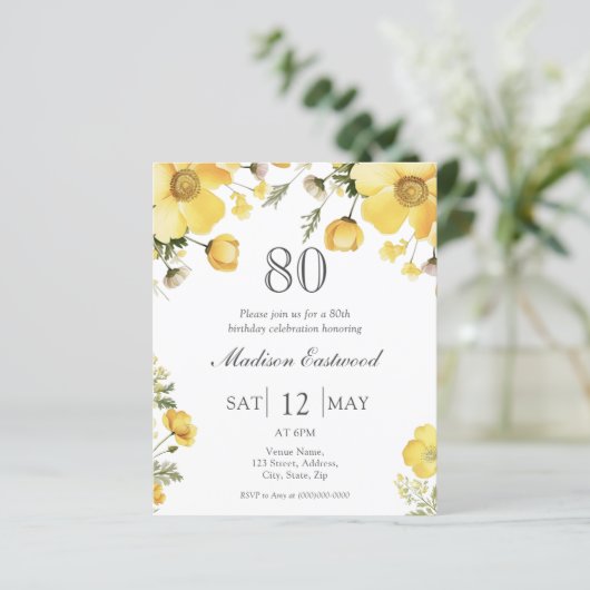 Gelbe Flora 80. Geburtstag Einladung (Stehend Vorderseite)
