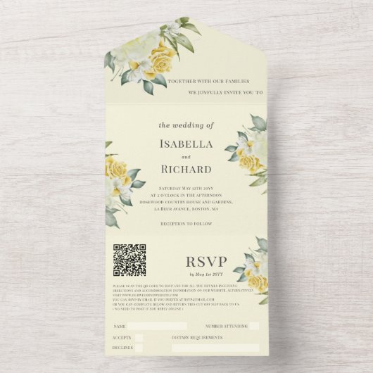 Gelbe Flora | HochzeitQR-Code-UAWG All In One Einladung (Innen Boden)