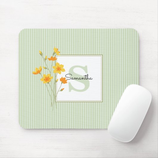 Gelbe Flora und Grünstreifen Mit Monogramm Mousepad (Mit Mouse)
