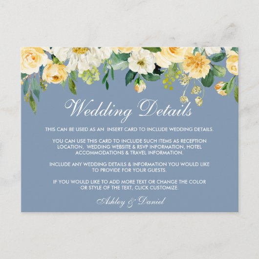 Gelbe florale Dusty Blue Wedding Card Postkarte (Vorderseite)