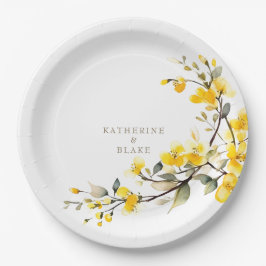 Gelbe florale Gold-Namen für Wasserfarben Hochzeit Pappteller