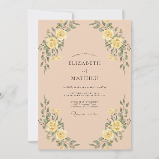Gelbe Florale Hochzeitsbogen-Romantik Einladung (Vorderseite)