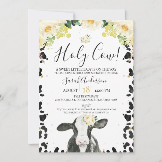 Gelbe florale Holy Kuh Kuh Print Baby Shower Invii Einladung (Vorderseite)