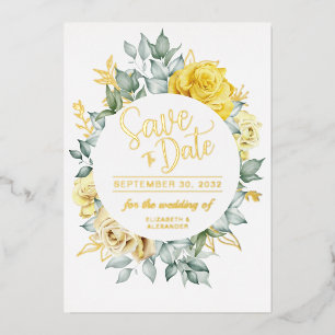 Gelbe florale klassische botanische Hochzeit Termi Folieneinladung