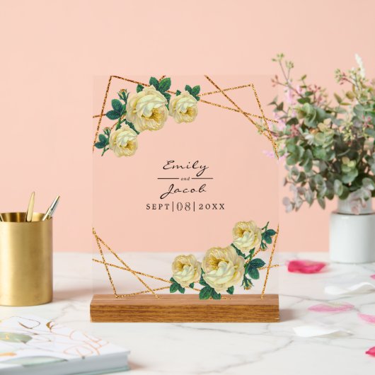 Gelbe florale Wed Eleganter Gold Glitzer Geometris Acrylschild (Hochzeit)