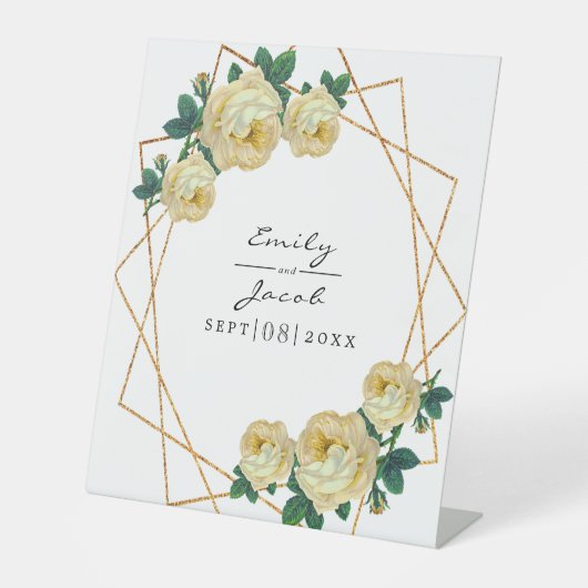 Gelbe florale Wed Eleganter Gold Glitzer Geometris Sockelschild (Vorderseite)