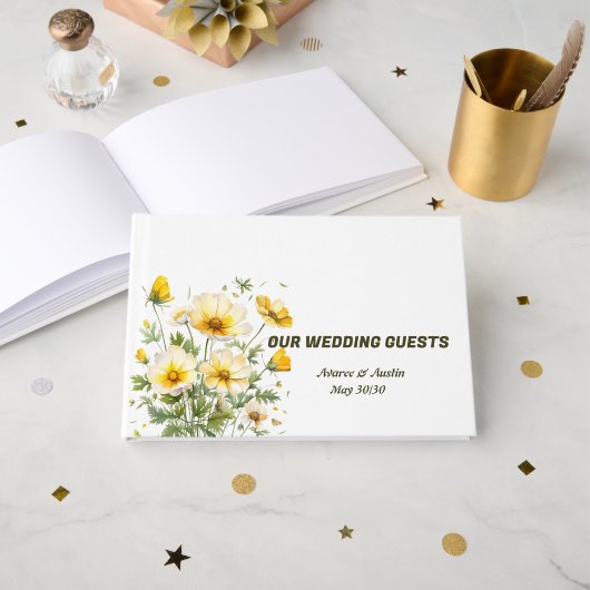 Gelbe Frühlingsblumen Hochzeit Gästebuch (Vorderseite Offen)