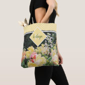 Gelbe Frühlingsblumen und Herzklopfen, Monogramm T Tasche (Von Nahem)