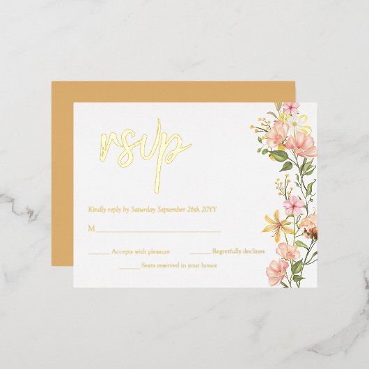 Gelbe Frühlingsblütenpinke Blume UAWG Real Gold Folie Einladungspostkarte (Vorderseite/Rückseite)