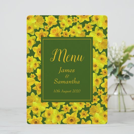 Gelbe Frühlingsdrossel - Hochzeit Menükarte (Stehend Vorderseite)