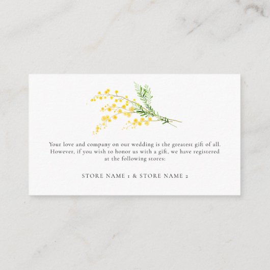 Gelbe Frühlingsmimosa-Blume Hochzeitsdetails Begleitkarte (Rückseite)