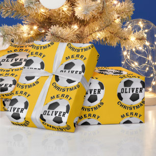 Gelbe Fußball-Bälle Kinder Name Weihnachten Geschenkpapier