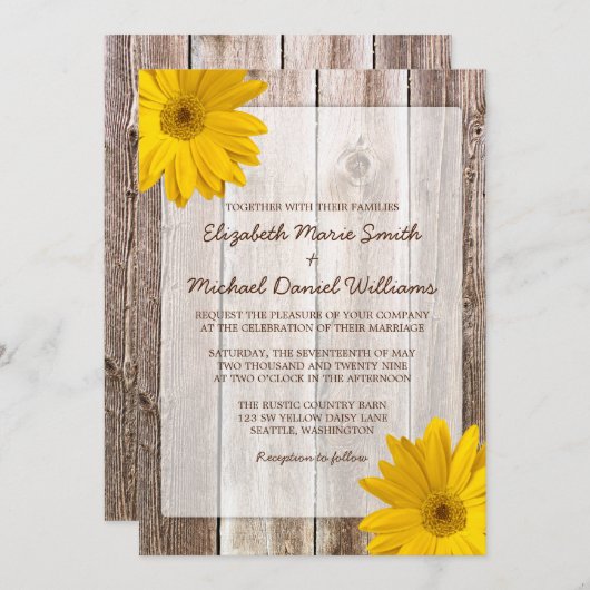 Gelbe Gänseblümchen-rustikale Scheunen-hölzerne Einladung (Vorne/Hinten)