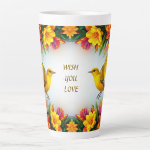 Gelbe Garten Vögel Floraler Rahmen Kaffee Vogellie Milchtasse