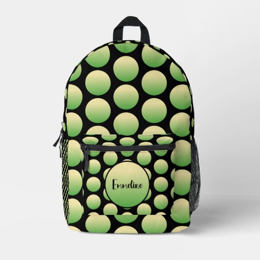 Gelbe gelbe Blase Dot schwarzer Hintergrundname Bedruckter Rucksack (Vorderseite)