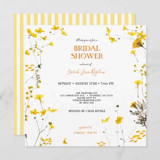 Gelbe gepresste Wildblume Boho Brautparty Einladung (Vorne/Hinten)