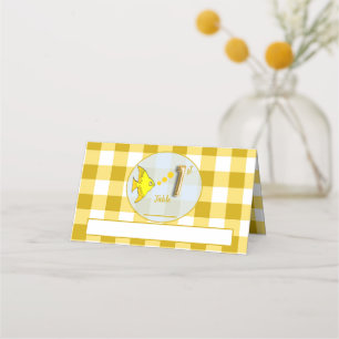 Gelbe Gingham 1. Geburtstag Goldfolienballon Fisch Platzkarte