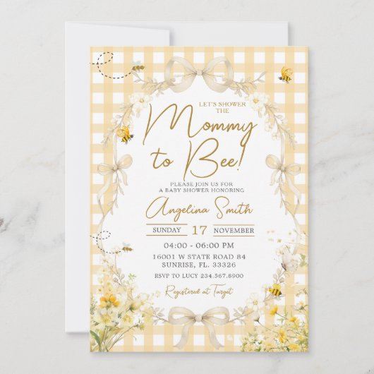 Gelbe Gingham-Biene-Baby-Shower-Einladung Einladung (Vorderseite)