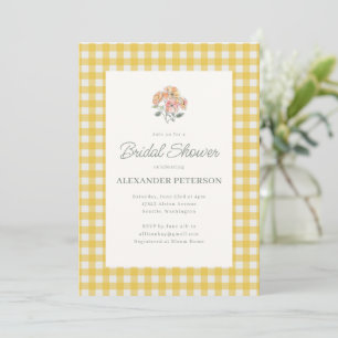 Gelbe Gingham-Blumen-Aquarell-Brautparty Einladung