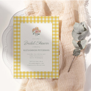 Gelbe Gingham-Blumen-Aquarell-Brautparty Einladung