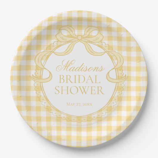 Gelbe Gingham Coquette-Schleife Brautparty Pappteller (Vorderseite)