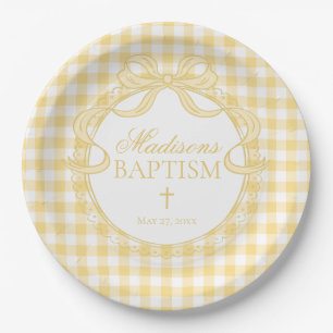 Gelbe Gingham Coquette-Schleife Taufe Pappteller