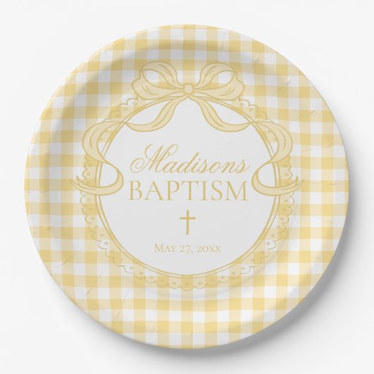 Gelbe Gingham Coquette-Schleife Taufe Pappteller (Vorderseite)