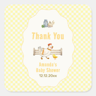 Gelbe Gingham Farm Frische Küken Babyparty Quadratischer Aufkleber