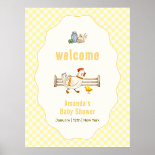 Gelbe Gingham-Farm-Hühnchen-Baby-Shower-Willkommen Poster