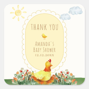 Gelbe Gingham-Farm Kleines Huhn Baby Shower Quadratischer Aufkleber