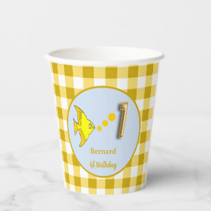 Gelbe Gingham-Geburtstagsfoto-Fisch-Goldballon Pappbecher