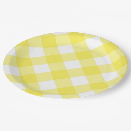 Gelbe Gingham-Muster Pappteller (Schrägansicht)