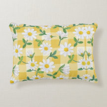 Gelbe Gingham-Wurfkissen mit Daisy-Blumenmuster