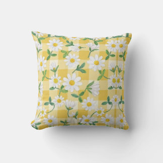 Gelbe Gingham-Wurfkissen mit Daisy-Blumenmuster – Kissen