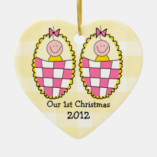 Gelbe Gingham-Zwillings-Mädchen-erstes Weihnachte Keramik Ornament