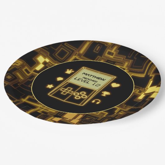 Gelbe Glow-Handheld-Konsole Pappteller (Schrägansicht)